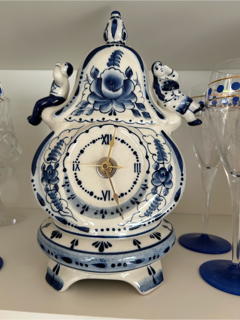 Gzhel Russian-Painted Blue and White Ceramic Mantel Clock - Decorative Home Art
